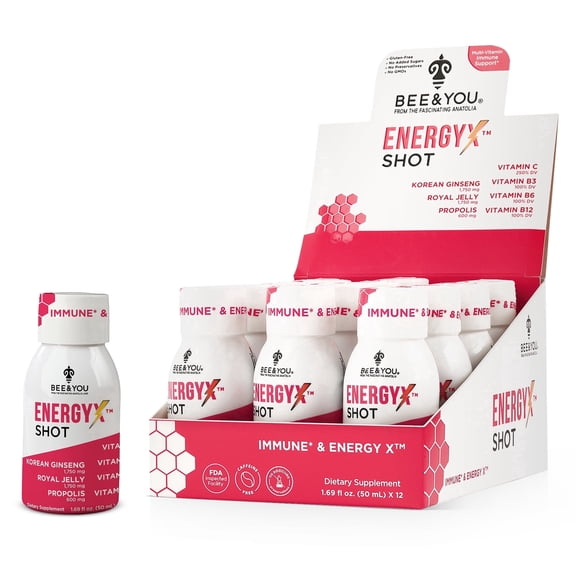 BEE&YOU Energy X Shot, 12 Pack, Korean Red Ginseng, Royal Jelly, Propolis, Vitamin C, B3, B6, B12, Immune Support, Pomegranate Flavor
