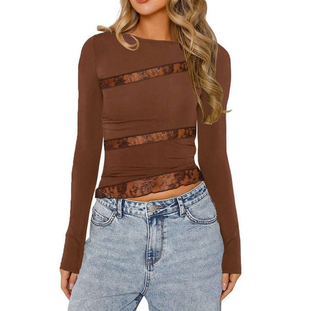 Gupgi Tee-Shirt Femme Manches Longues avec Dentelle Ajustée Patchwork