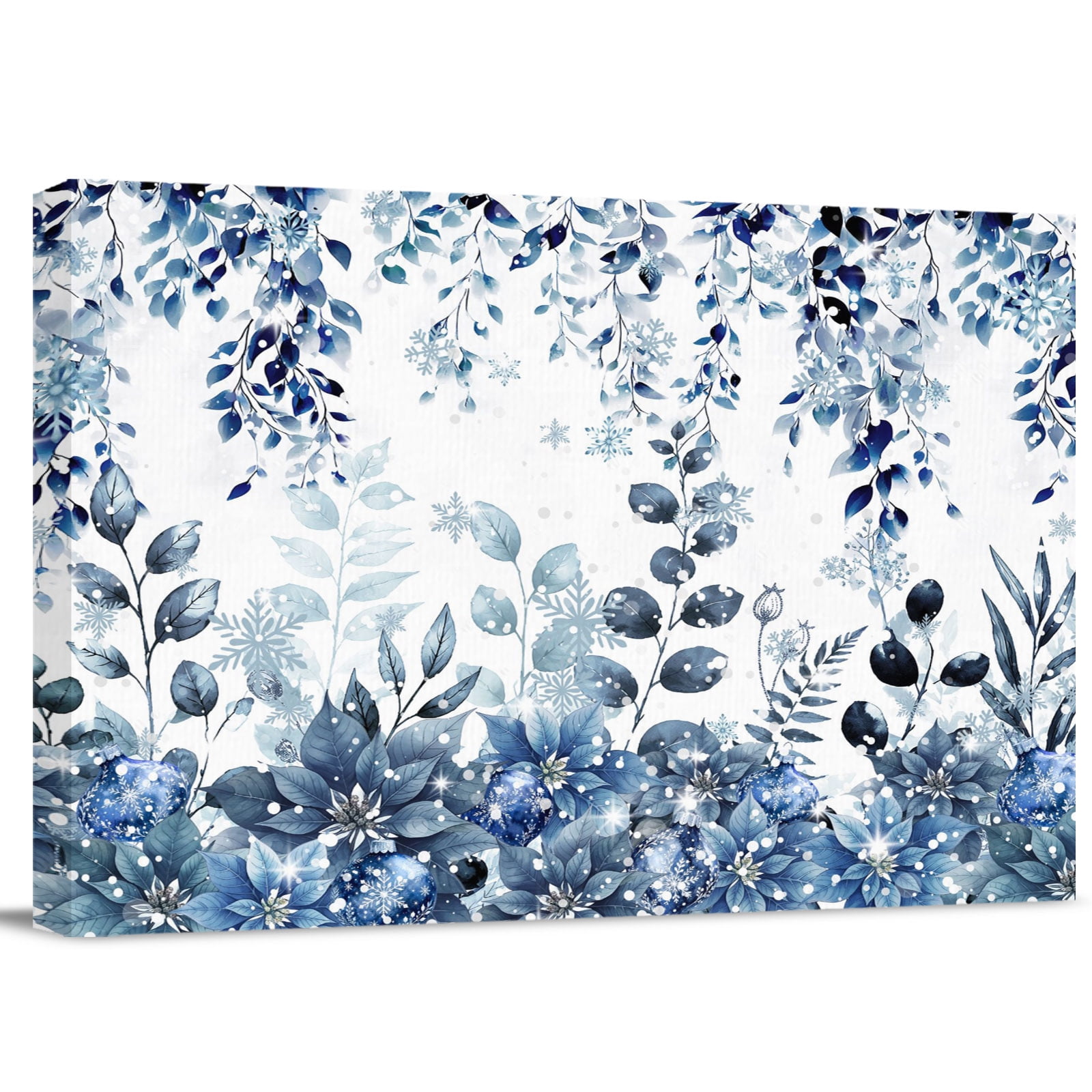 Canvas Wall Art Blue Christmas Framed Artwork for Living Room Xmas Snowflake Weeping Floral Poinsettia Gallery Wrapped Canvas Prints Art Ready to Hang Wall Decor for Kitchen Bathroom 12 x8