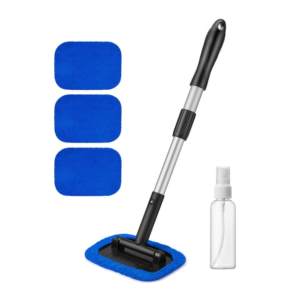 Windshield Cleaning Tool, Car Window Cleaner Windshield Cleaner with 4 Reusable and Washable Microfiber Pads and Extendable Handle Auto Inside Glass Wiper Kit