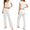 thumbnail image 4 of MEZZALL Women Pajama Short Sleeve Sleepwear With Heart Print Neck Top And Long Pants Loungewear Two Piece Outfit Relaxed Fit Pjs, 4 of 5