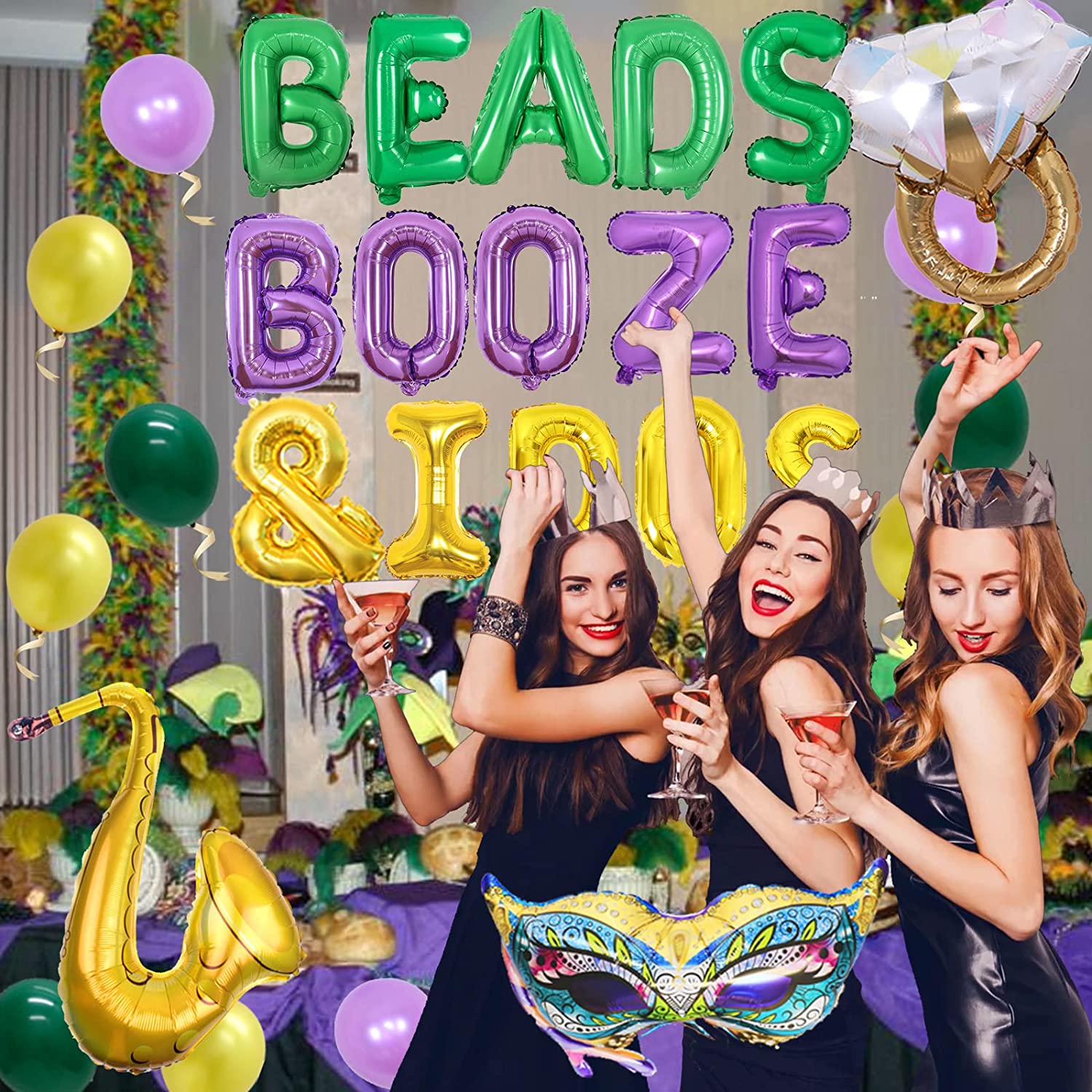 Mardi Gras Bachelorette Party Decorations - Mardi Gras Balloons Garland  Arch Kit, Mardi Gras Fringe Curtain Mask Saxophone Foil Balloons, Nola  Bride