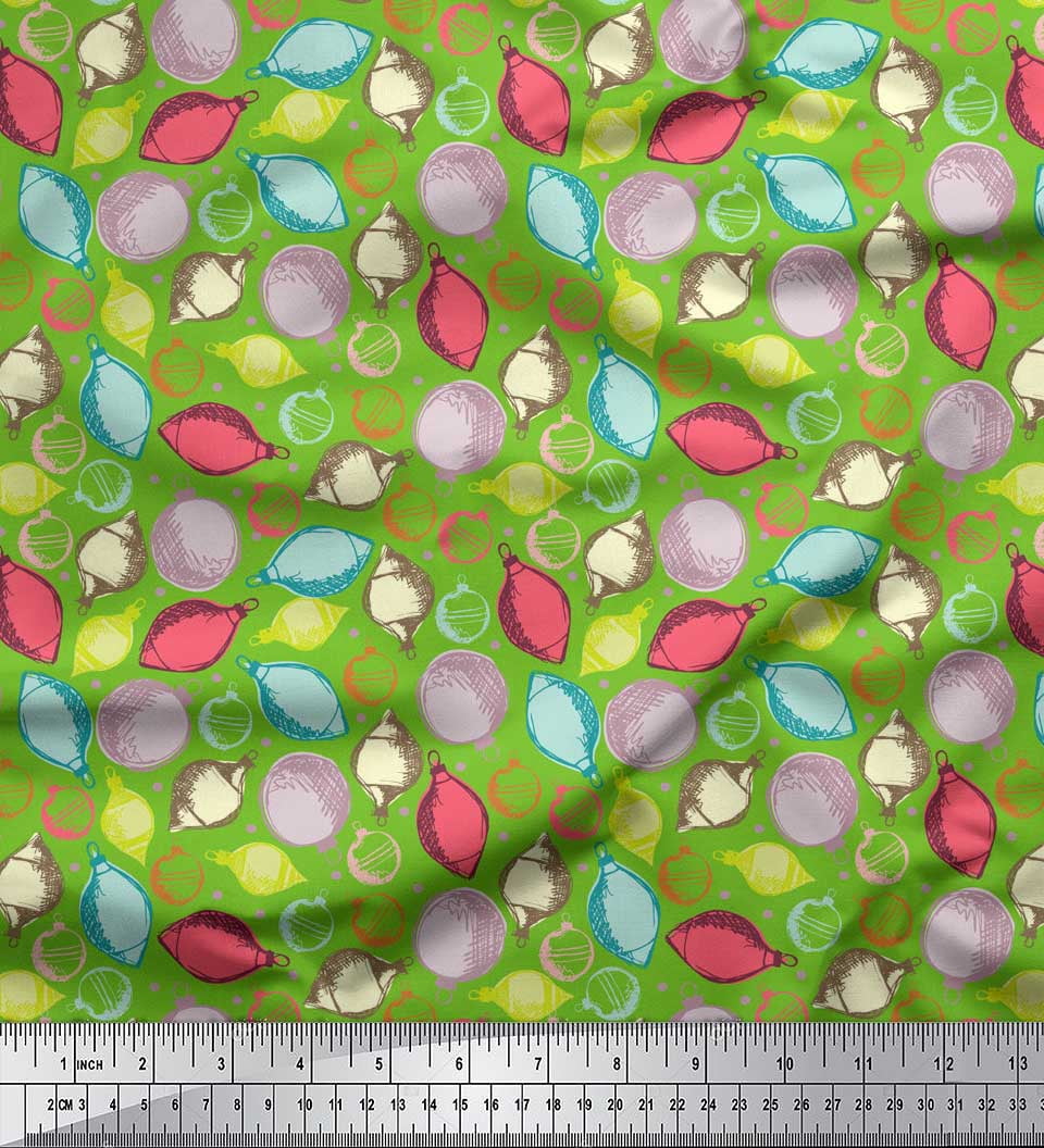 Soimoi Green Rayon Fabric Dot & Ornaments Christmas Printed Fabric 1 Yard 42 Inch Wide
