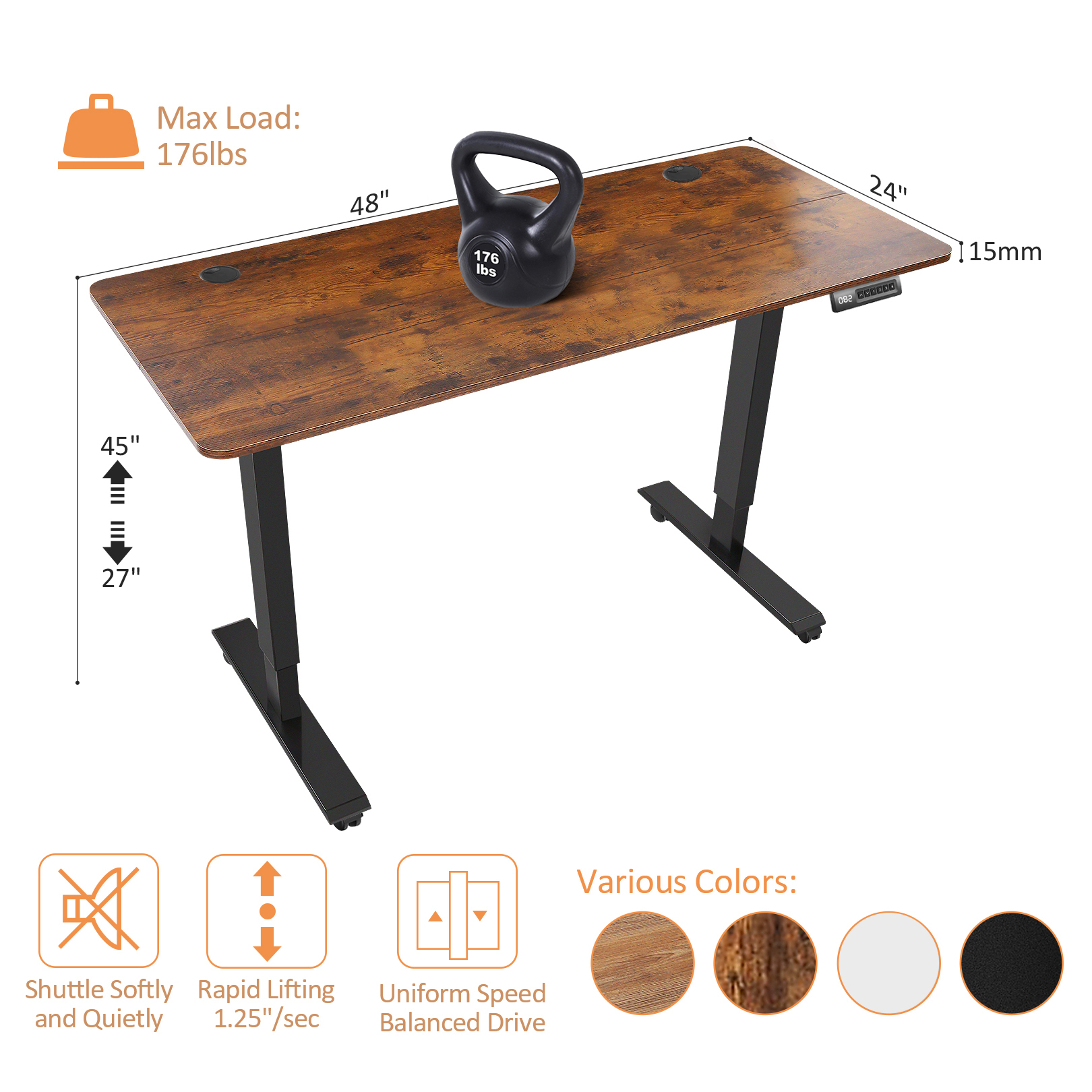 Legooin 48"W x 24"D Ergonomic Gaming Desk with Wheels Height Adjustable Computer Table Wooden Standing Desk with Alloy Steel Frame for Home Office, Brown