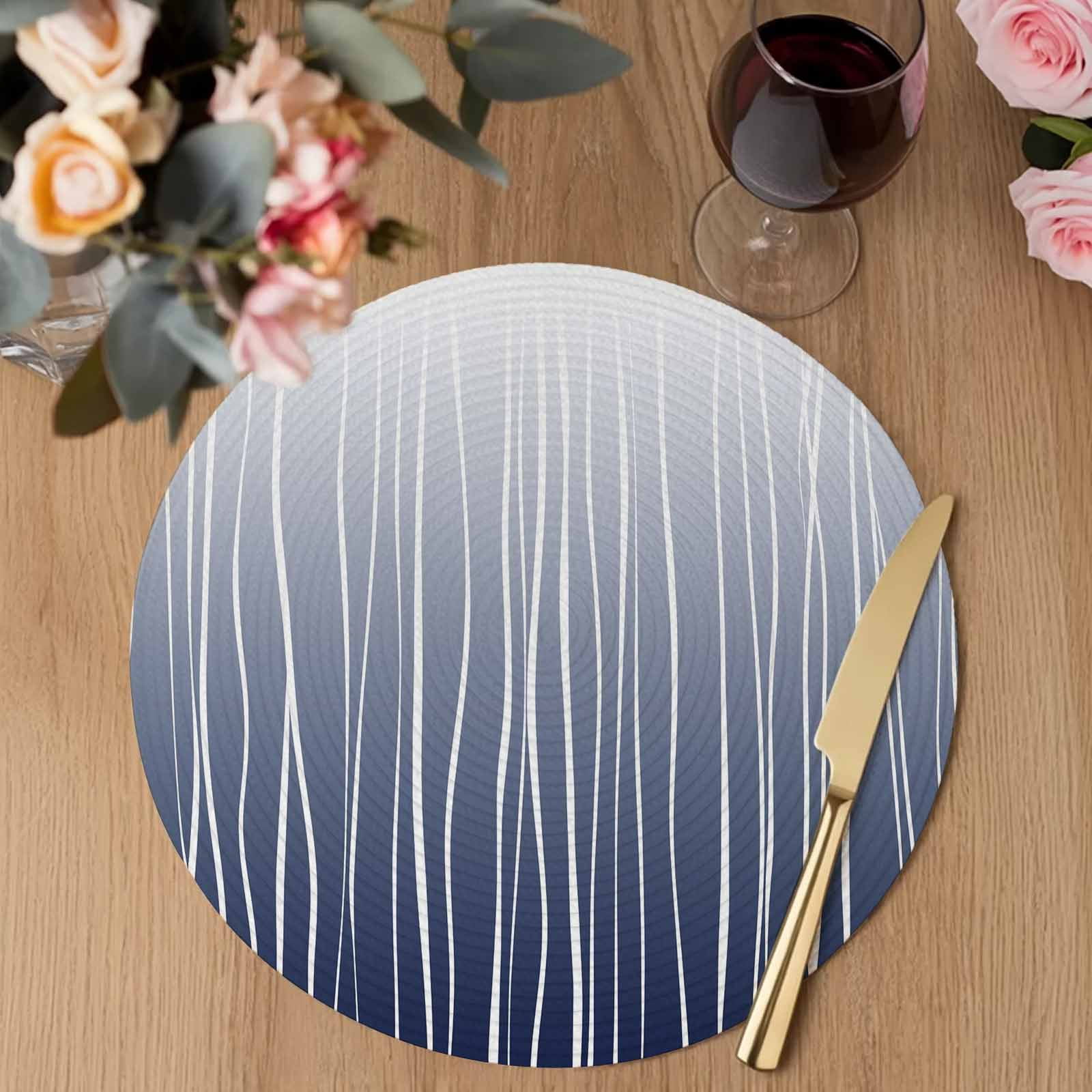 Blue White Round Placemats Set of 8 Ombre Gradient Striped Minimalist Texture Place Mats Indoor Woven Table Mats Washable Heat-Resistance Braided Dining Table Placemats for Kitchen Party 15 Inch