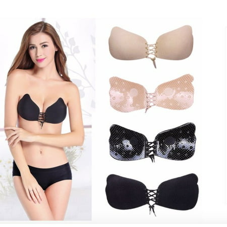 Women Silicone Adhesive Stick on Gel Push-Up Bras Backless Strapless Drawstring Corset Invisible (Best Stick On Bra For Small Bust)