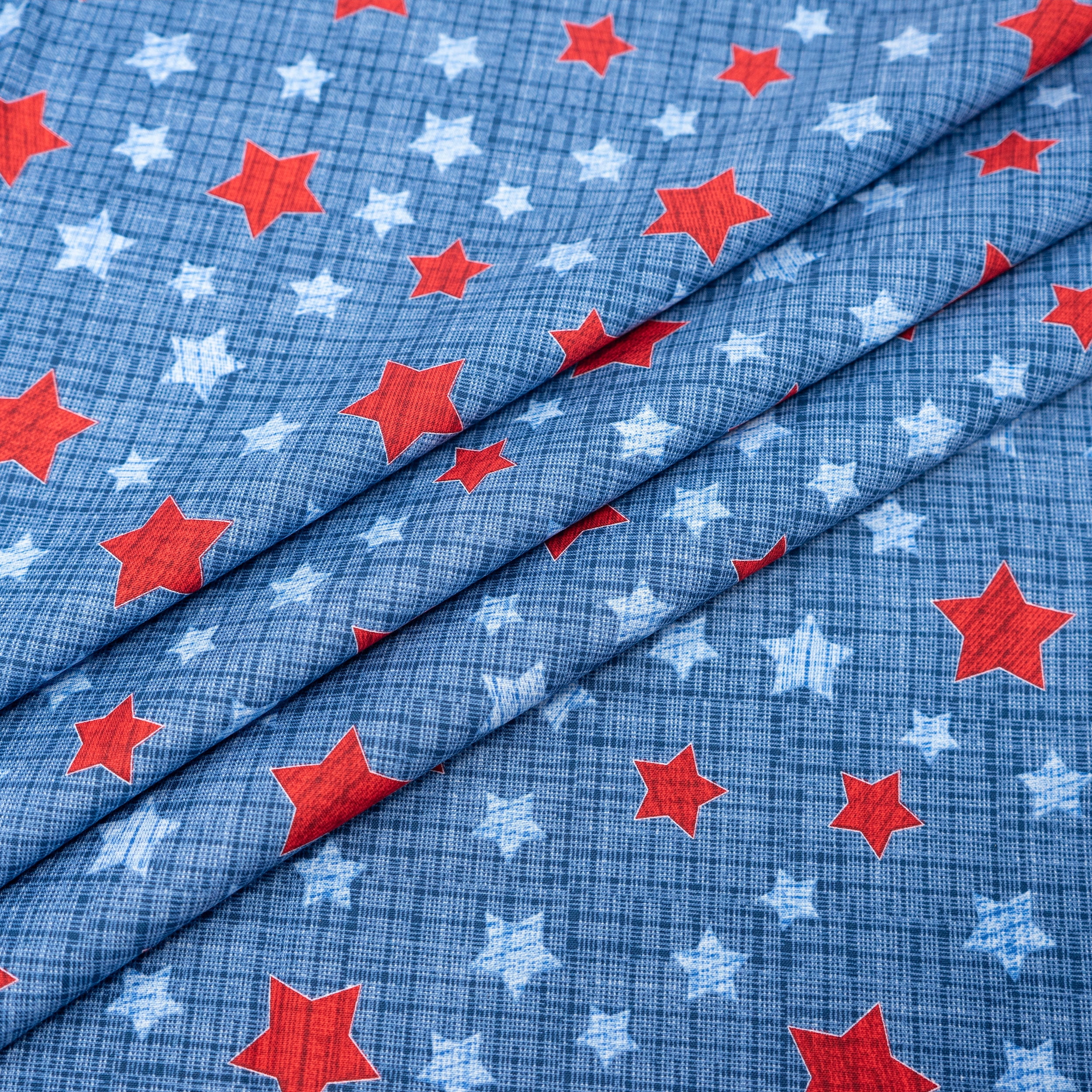Singer, 100% Cotton, Red & Blue Stars On Texture, Cut by Yard