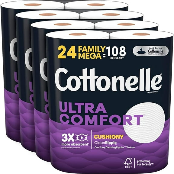 Ultra Comfort Toilet Paper with Cushiony CleaningRipples, 2- Ply, 24 Family Mega Rolls (4 Packs of 6) (24 Family Mega Rolls= 108 Regular Rolls), 325 Sheets per Roll, Packaging May Vary