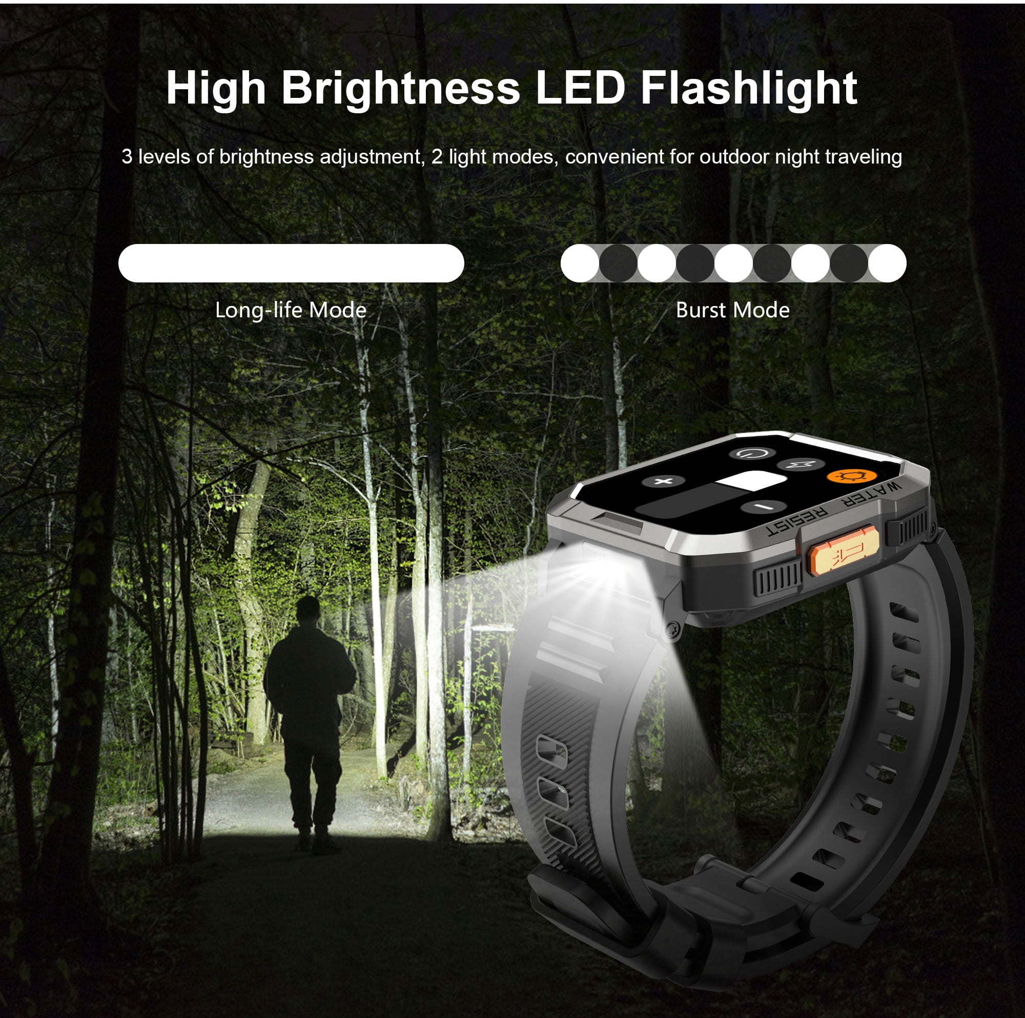 IOWODO 2.01-inch Men Military Smartwatch with Answer/Make Calls/100+ Sport Modes, 1ATM Waterproof Fitness Tracker with LED Flashlight, Travel Pedometer Watch fits for Android/Iphone Devices (Black)