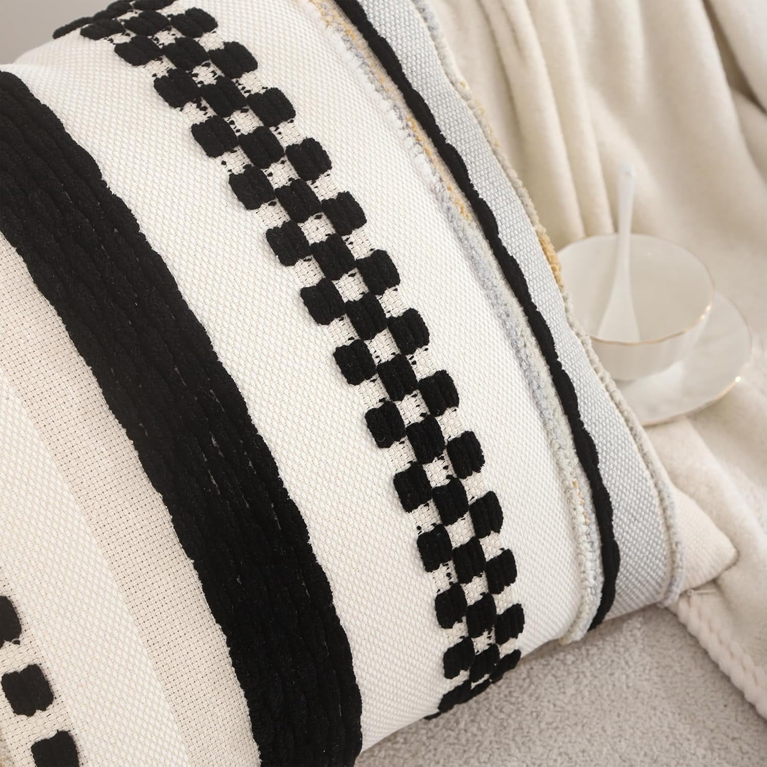 Boho Throw Pillow Covers 18x18 Set of 2 Striped Decorative Pillow Cases Accent Chenille Pillowcases Farmhouse Cushion Case Bohemian Nuetral Textured Pillow Cover,Black and Beige