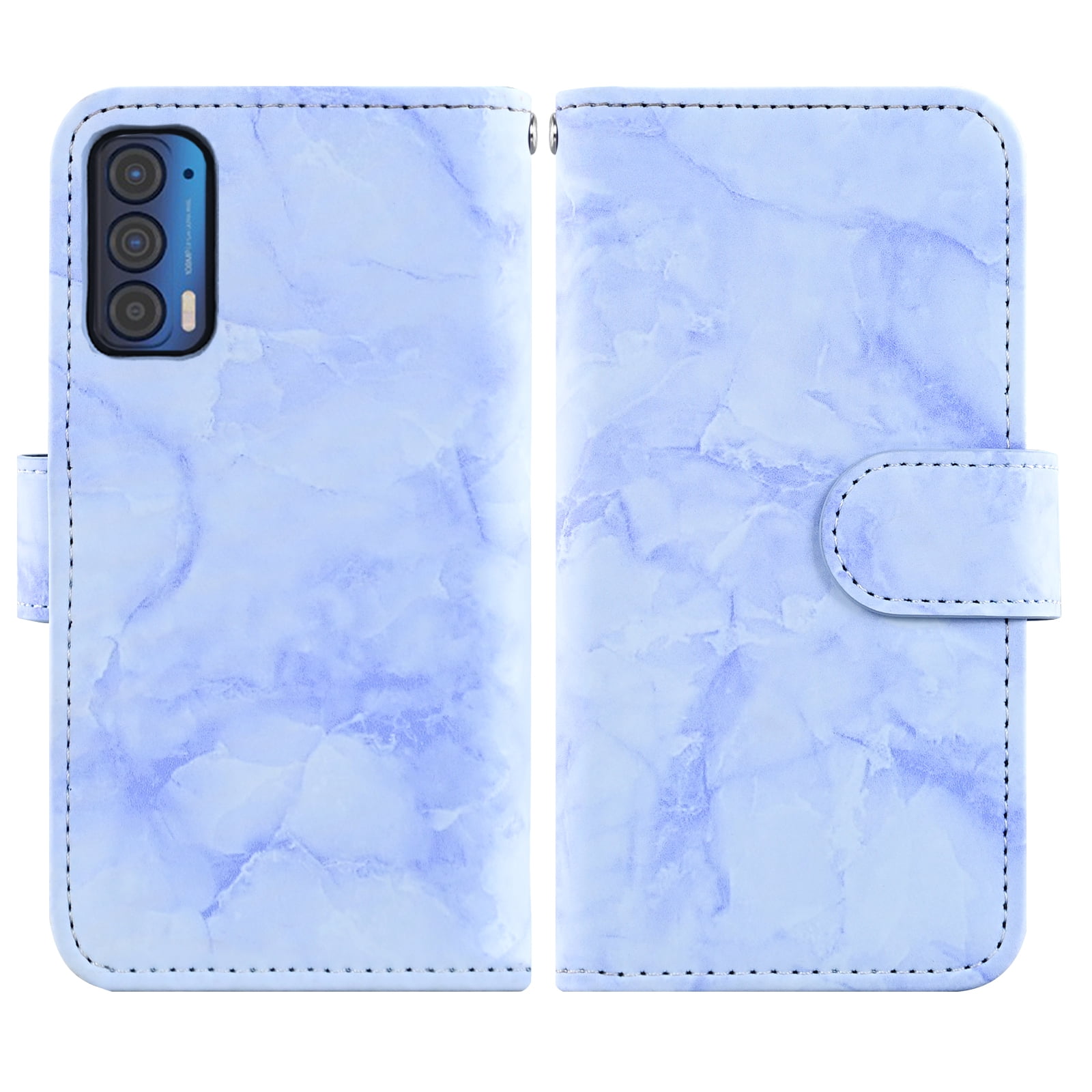 Compatible with Motorola Moto Edge 2021/MotoEdge 5G UW 2021 Wallet Phone Case and Tempered Glass Screen Protector Marble Faux Leather Flip Credit Card Holder Stand Zipper Cell Cover for XT2141-1 Blue