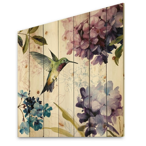 Designart 'Spring Nectar Square Bird and Flowers' Traditional Print on Natural Pine Wood