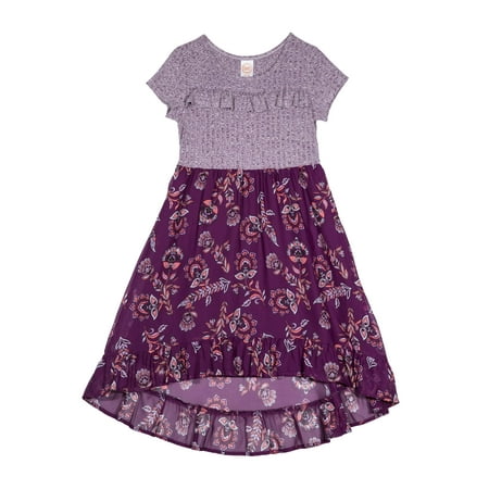 Girls' Melange Knit Floral Print Hi Low Dress