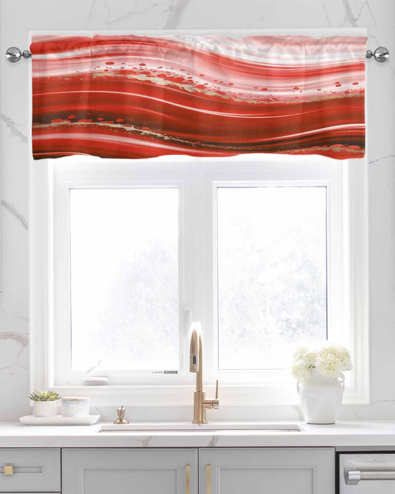 Red Waves Abstract Kitchen Valances for Windows Farmhouse Linen Window Valance Curtain for Living Room Window Treatment Ombre Fluid Water Ripple Striped Valance Rod Pocket Topper Drape, 54 x 18 Inch