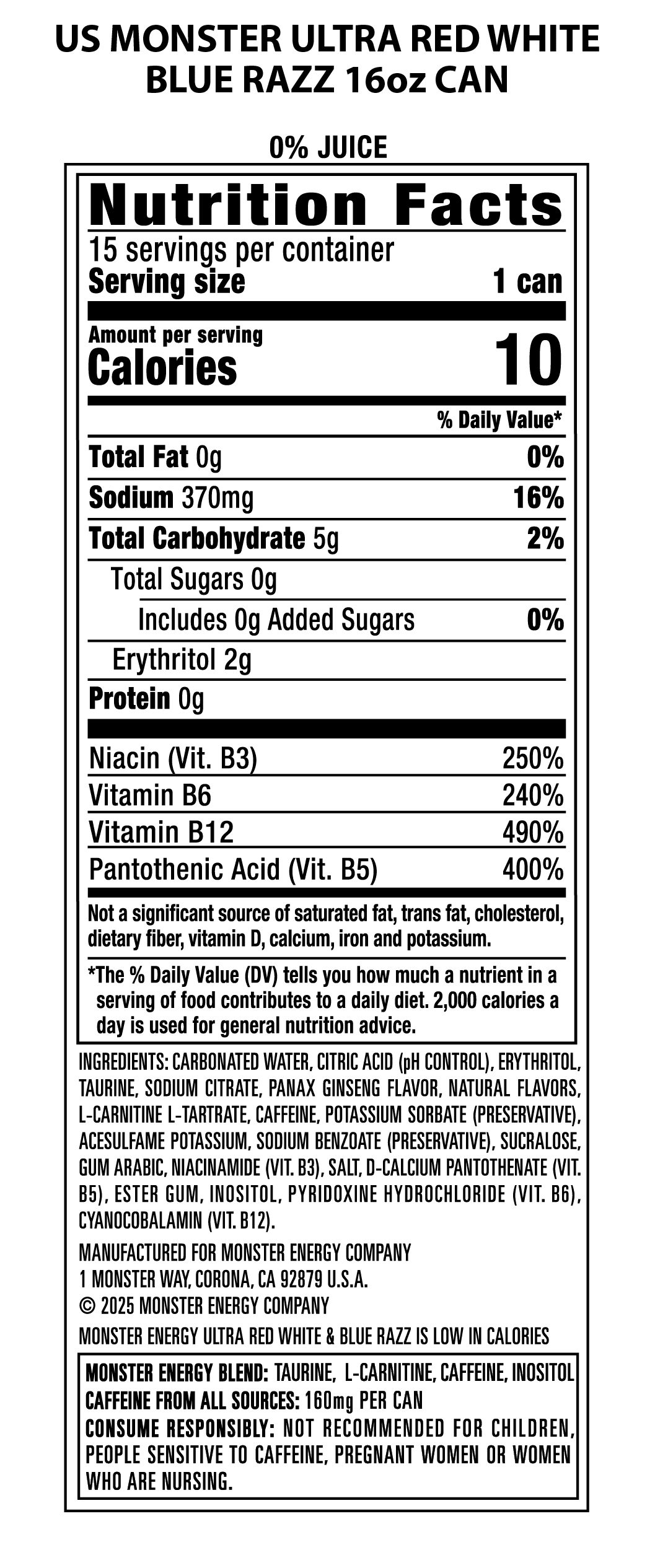 Monster Energy Ultra, Red White & Blue Razz, Sugar Free Energy Drink, 15 Pack - 16 Fl Oz