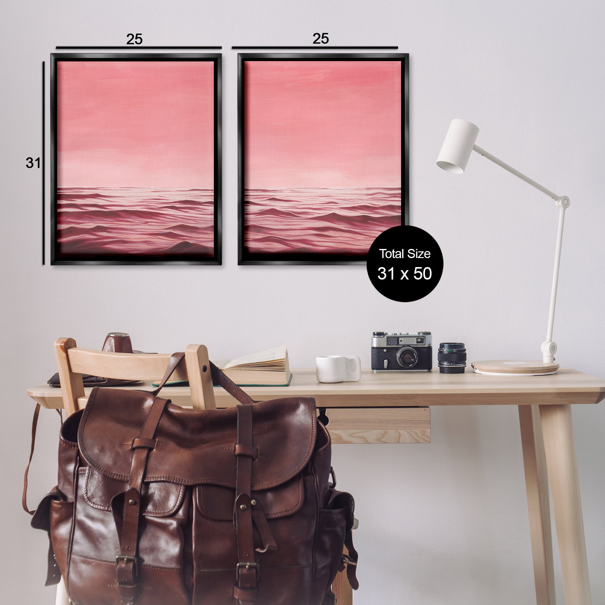 Stupell Industries Pink Calm Seascape Nautical & Beach Painting Black Floater Framed Canvas Art Print Wall Art, 31 x 25, Set of 2
