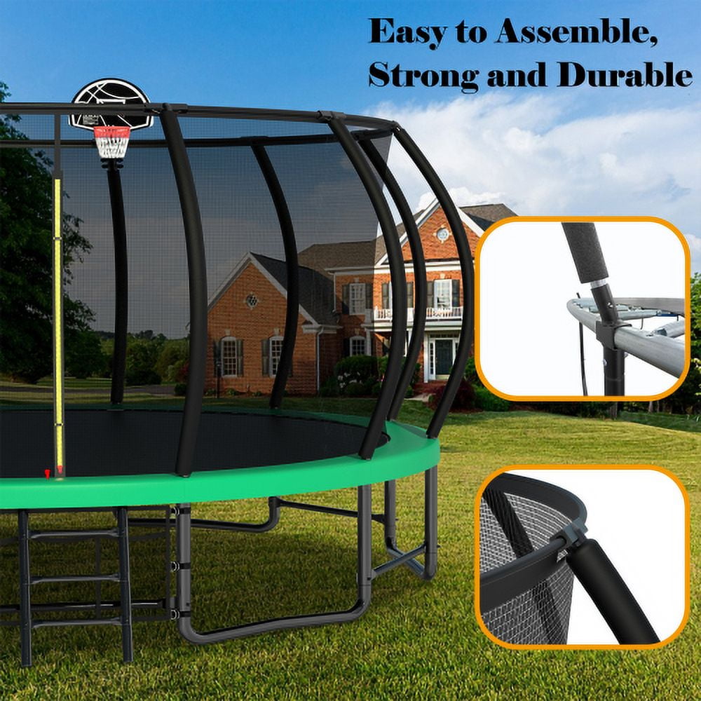 16FT Trampoline for Kids and Adults,Outdoor Pumpkin Trampolines with Curved Poles,Heavy Duty Trampoline with Ladder and Basketball Hoop,Green