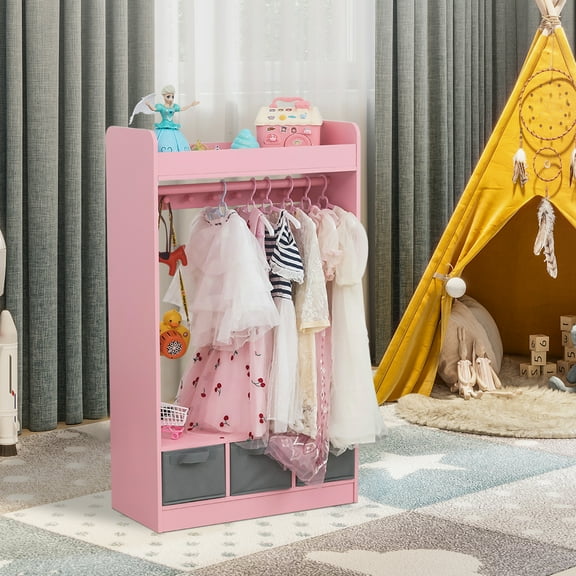 SamyoHome Kids Dress Up Vanity Dresser, Armoire with Storage Bins and Mirror for Kids, 3 Drawers, Toddlers Playroom Organizer, Children Furniture, Pink