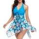 thumbnail image 2 of Traje de baño de dos piezas con cuello halter y costuras, traje de baño de talle alto a la moda para mujer, flor azul S, 2 of 8