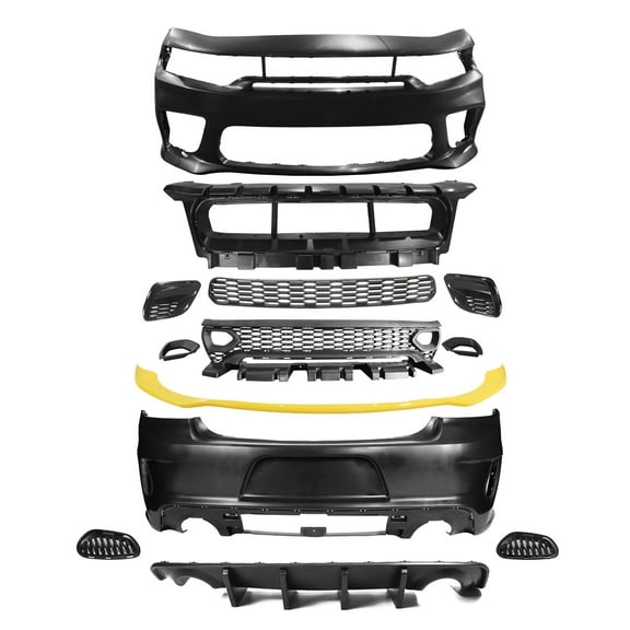 Ikon Motorsports Rear & Front Bumper Conversion W/ Yellow Lip Compatible With 2015-2023 Dodge Charger Widebody Style Bumper Covers & SRT Upper Lower Grille & Foglight Covers W/ Rear Diffuser