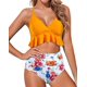 thumbnail image 1 of Trajes de baño de dos piezas para mujer Bikini de talle alto con volantes y volantes Cuello en V Traje de baño con control de barriga Amarillo floral (L Sailing Electrónica, 1 of 5