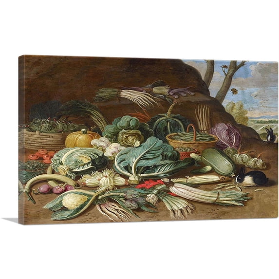ARTCANVAS Still Life With Vegetables And a Rabbit Canvas Art Print by Jan Van Kessel Younger - Size: 26" x 18" (1.50" Deep)
