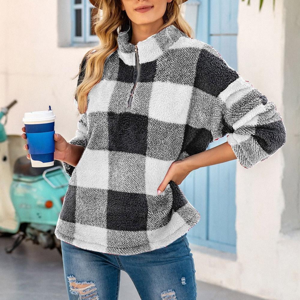 Women Plaid Pullover Quarter Zip Long 