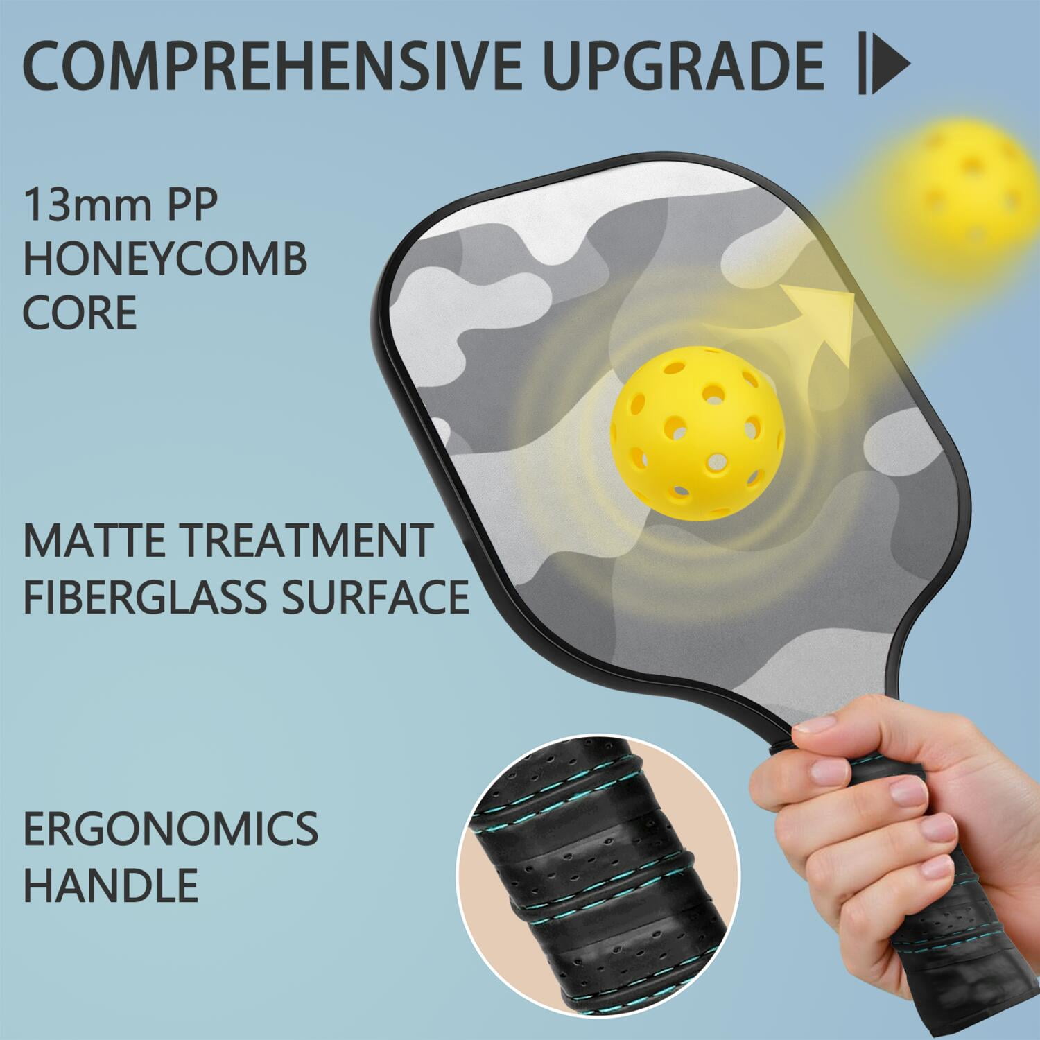 Pickleball Paddles Set Of 1, Fiberglass Surface, Camouflage Print, 1 Paddle, 2 Balls & Bag