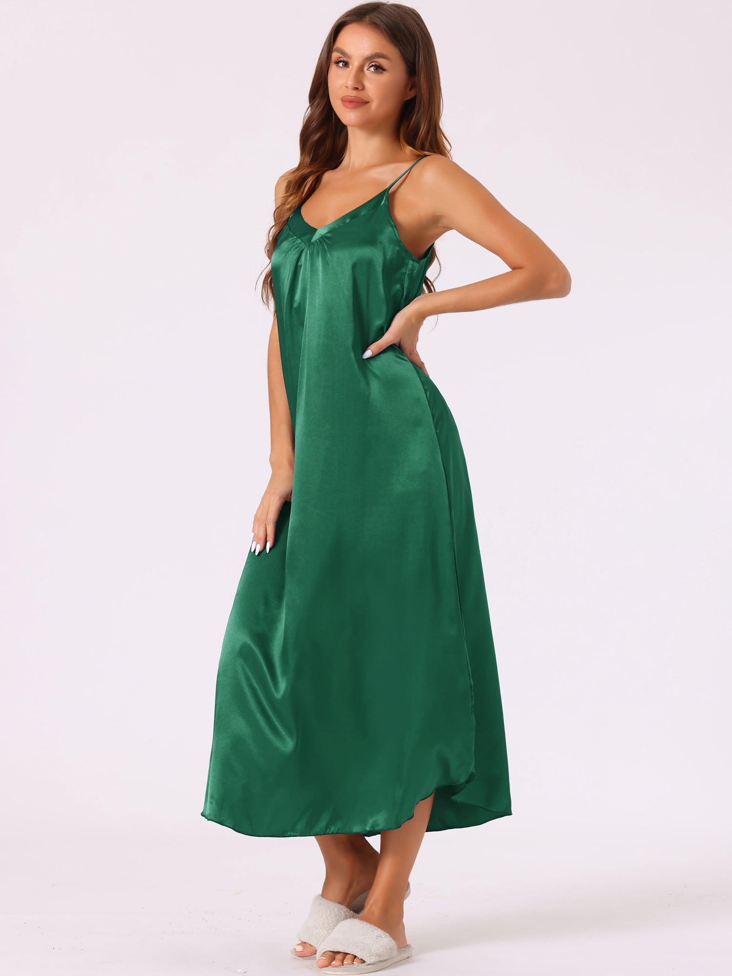 DARING DIVA Women's Satin V Neck Sleeveless Sleepwear Silky Nightdress S Dark Green