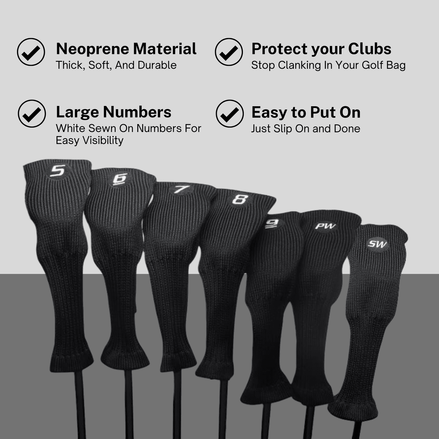Majek All Hybrid Head Cover Golf Club Black Sleek Tight Fit Headcover Set 5-SW Acrylic Head Covers 5 6 7 8 9 PW SW Easy to See Large White Embroidered Numbers