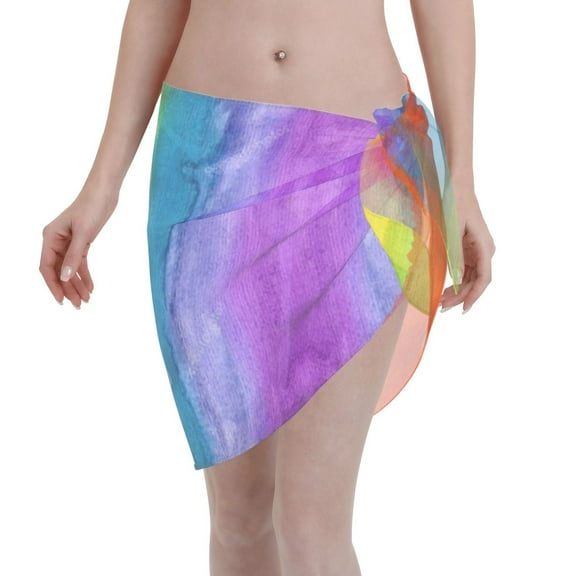 Women'S Beach Cover Up Short Sarong Dress Abstract Striped Rainbow Wrap Chiffon Shawl