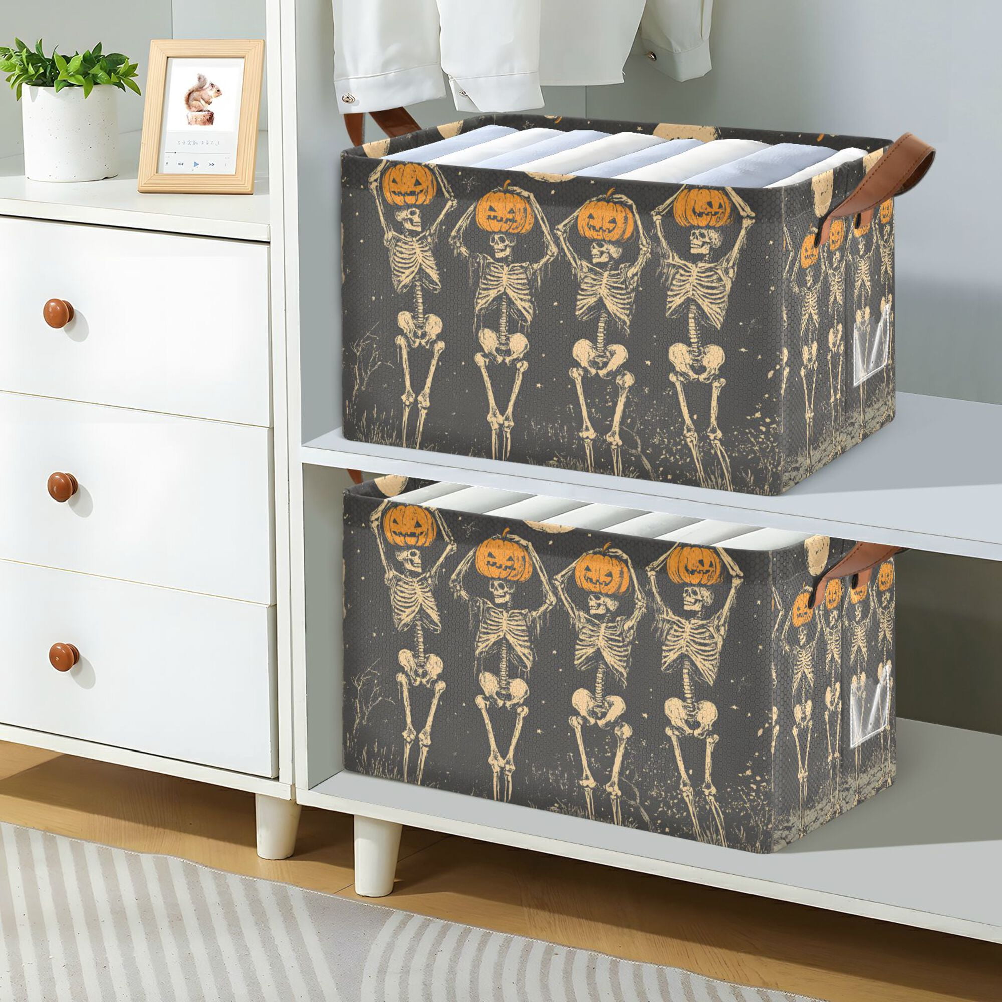 Yayeee Foldable Storage Basket for Shelves with Handles Waterproof Cloth Bins, Beige Halloween Skeleton