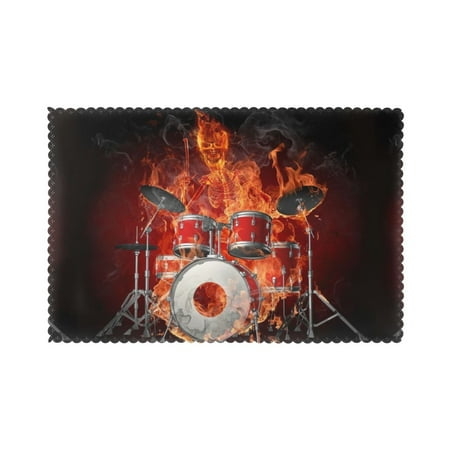 

Home Fire- Drum Set Placemats Set Of 6 Washable Wipeable Place Mats Place Mats For Festival Parties Family Dinner (12 X 18inch)
