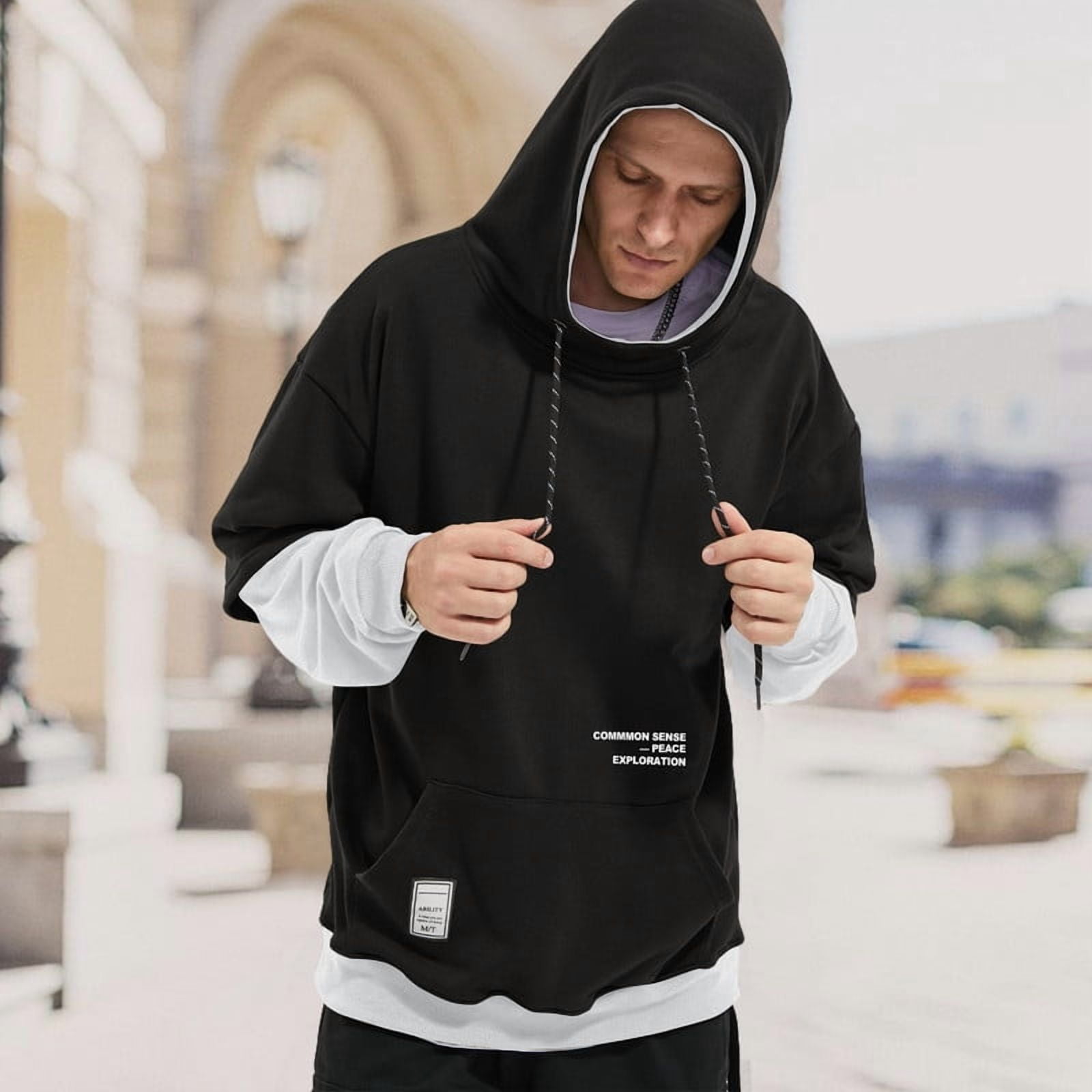 HISITOSA Mens Colorblock Hoodie Casual Patchwork Soft Cotton Pullover Tops Unisex japanese Hooded Sweatshirt with Design