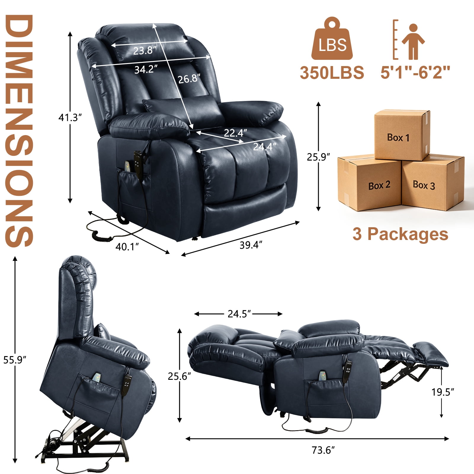 TEKAMON Infinite Position Lift Recliner Chair for Elderly with Heat Massage and Extended Footrest Lay Flat Sleeping Leather Dual Motor Power Lift Chair for Living Room (Blue)