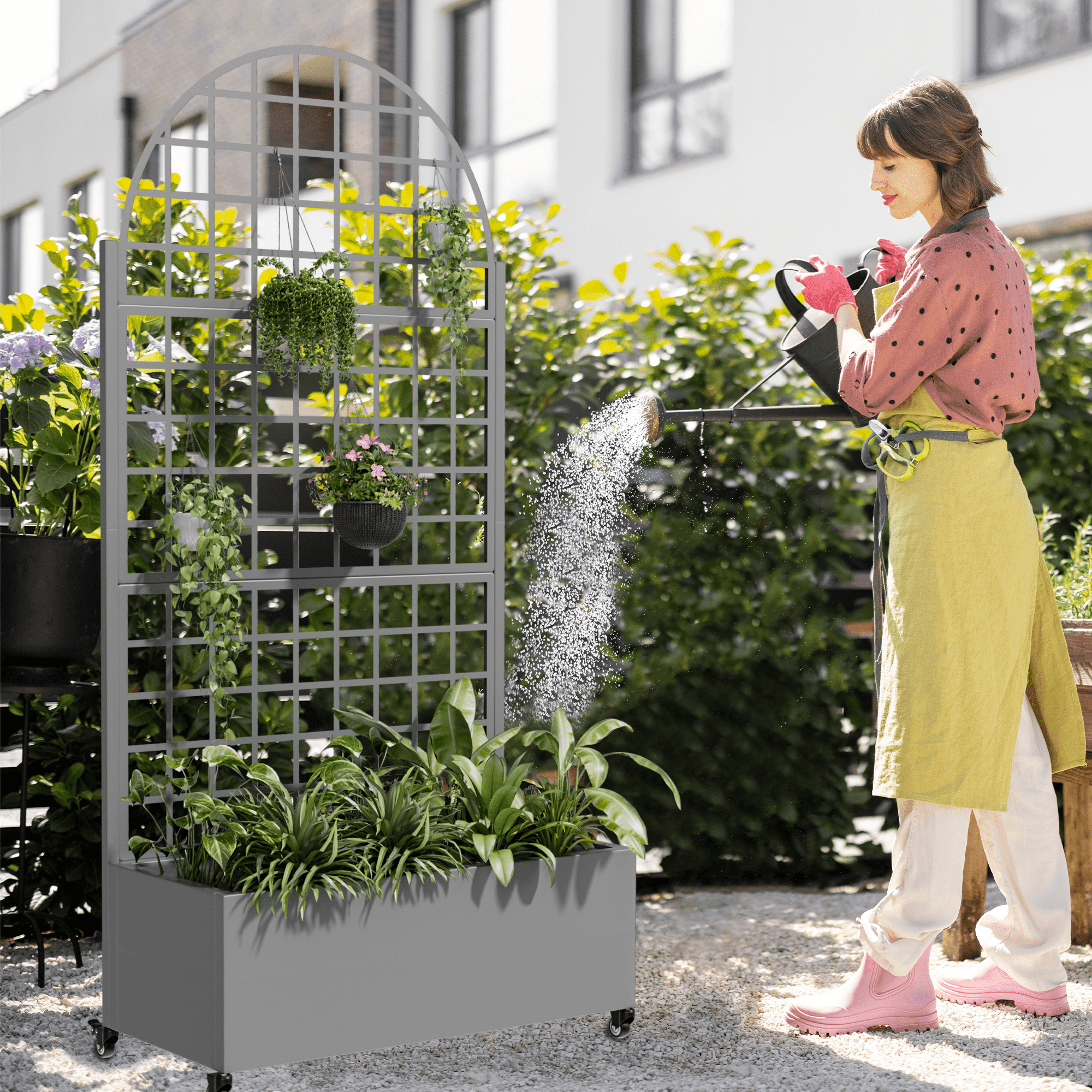MAYEERTY 35*16*71"Outdoor Gray Metal Planter with Arch Climbing Trellis, Drainage hole & Wheels, Grid Pattern