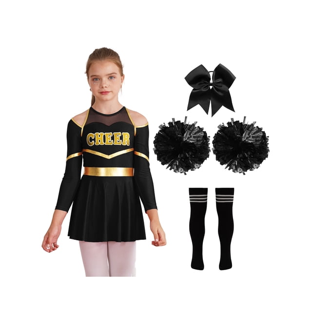 Kaerm Ensemble Uniforme de Cheerleading pour Filles 4 Pcs Robe de Danse avec Couvre-Chef Pompons Chaussettes Noir&Blanc 8