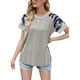 thumbnail image 2 of Mujer Cuello Redondo Top Camisa De Manga Corta Empalme A Rayas Impreso Top Verano Causal Blusa Gris M, 2 of 6