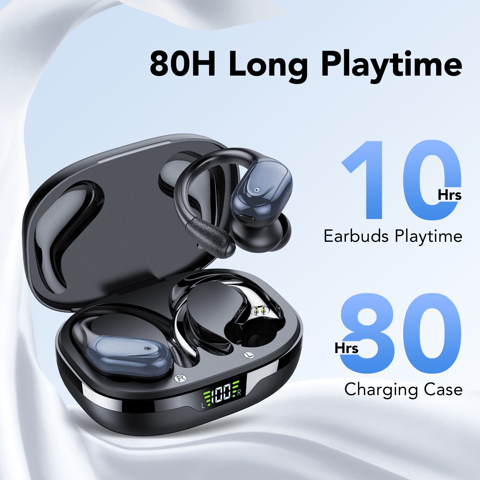 Wireless Earbuds Bluetooth Headphones with Earhooks, 60H Playtime LED Display, Deep Bass Over Ear Buds, IPX7 Waterproof Sport Earphones Built-in Mic for iPhone Android Running Gym, Black