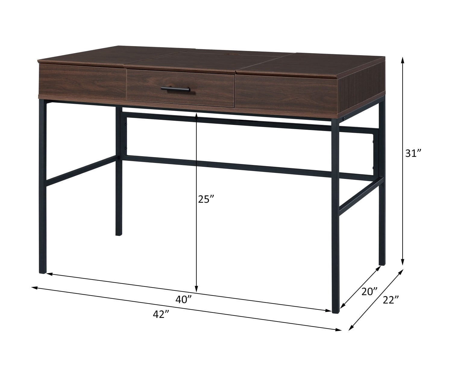 43" Modern Writing Desk with USB Charging Port, Oak & Black Computer Desk with Storage Drawer, Metal Base Office Desk with Side Shelves, Rectangular Study Table for Home Office