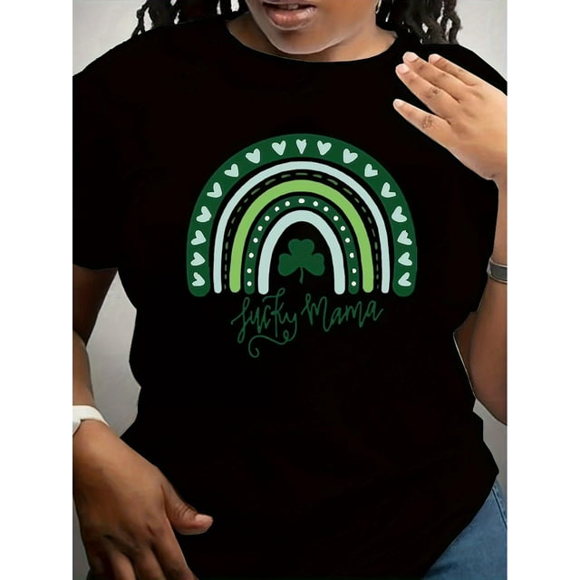 Camiseta básica para mujer de veranoLucky Mama" St. Patrick's Day Women's T-Shirt - White, Rainbow Bridge & Four-Leaf Clover Print, Round Neck, Short Sleeve, Spring/Summer Casual TopFather's Day, Mo