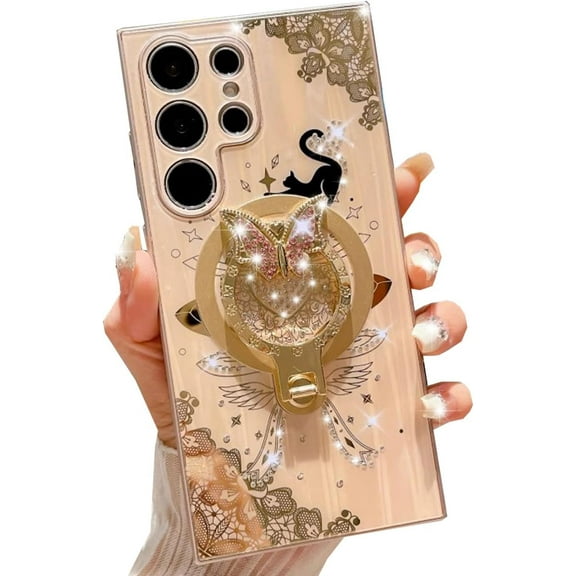 Glitter Magnetic Case for Samsung Galaxy S24 Ultra,Compatible with MagSafe,Cute 3D Bling Sparkle Diamond Butterfly Ring Kikcstand Cat Lace Pattern Women Girls Case for Galaxy S24 Ultra (Gold)