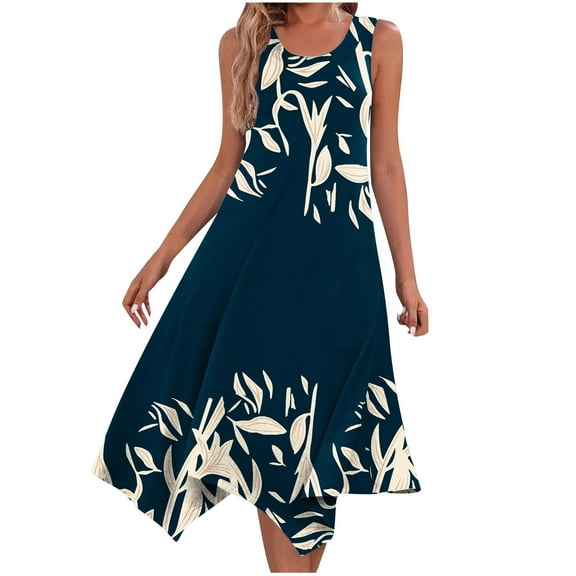 Ahuyic Womens Summer Dresses,Womens Casual Sundress,Women's Casual Summer Dress Sleeveless Sundress Hankerchief Hem Maxi Tank Dresses Beach Dress With Pockets