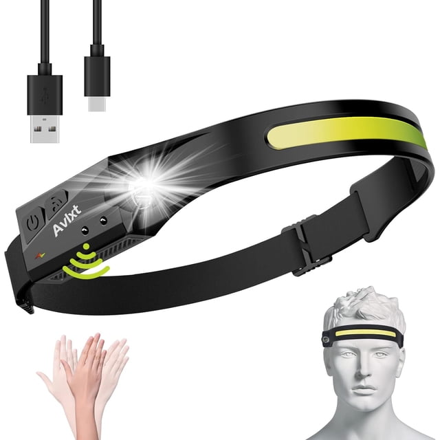 GHSDFBB LED Headlamp Rechargeable Flashlight, 230° Wide Beam Headlight, Head Lamp with Motion Sensor Bright 5 Modes, Lightweight Outdoor Waterproof Head Light for Camping, Running, Hiking, Fish