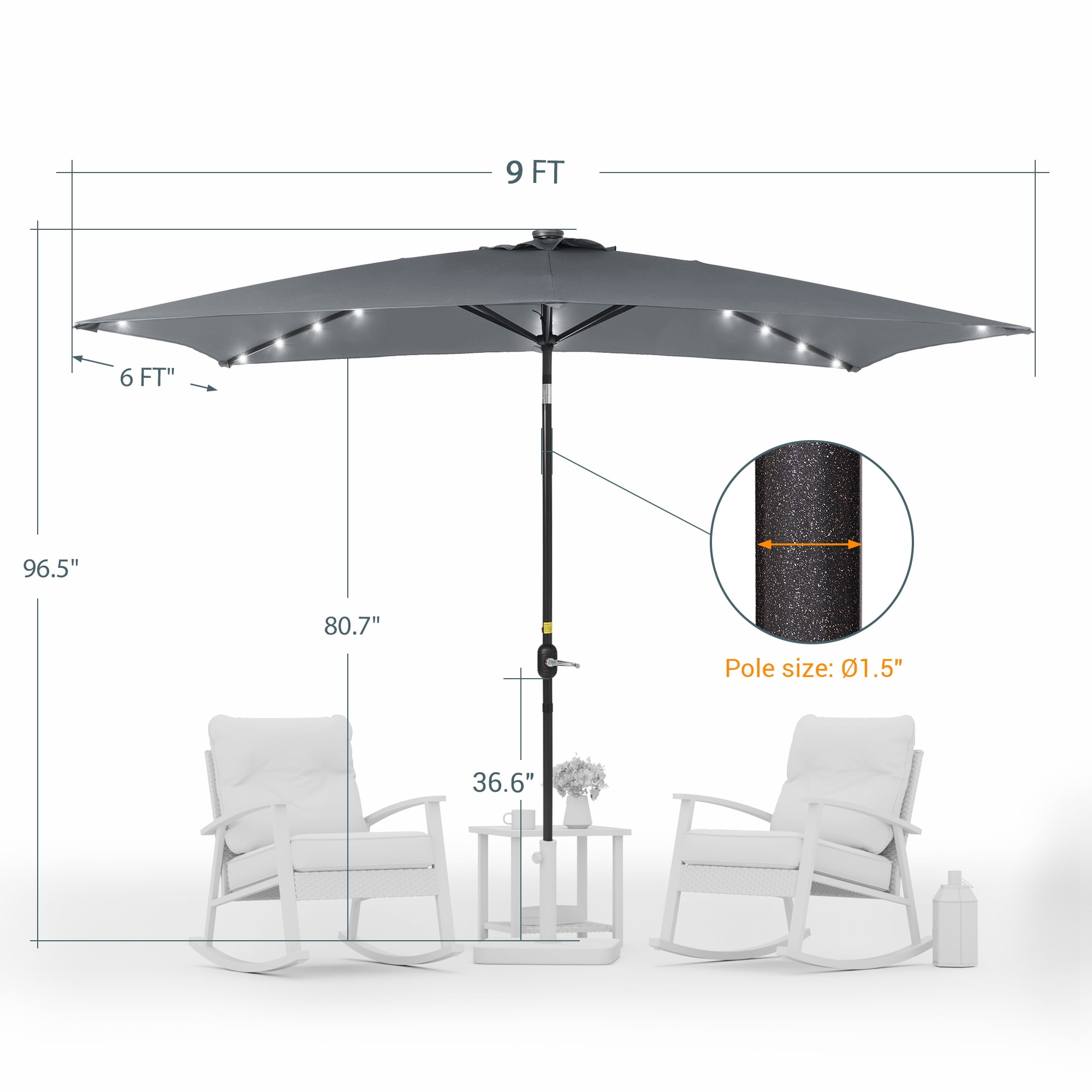 ACEGOSES LED Outdoor Patio 6x9ft Deck Solar Light Market Umbrella, Outside Table Umbrellas With Polyester canopy,Anthracite