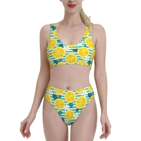 Bikini Sets For Women  Lemon Flower High Waisted Bikini Sets Bathing Suit 2-Piece Drawstring Swimsuit