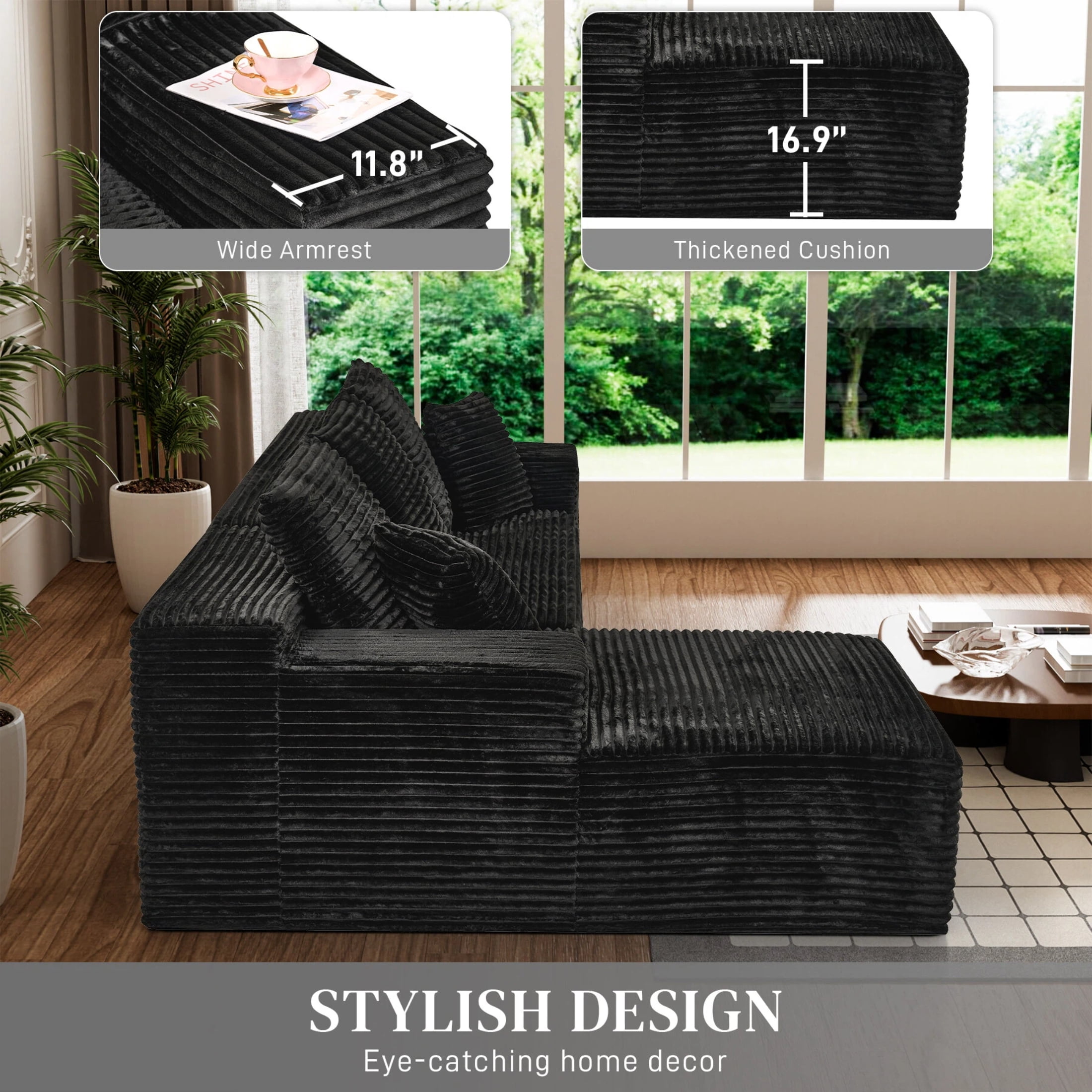AISWORD 107.5" Corduroy Boneless L Shaped Modular Sectional Sofa with Left Facing Chaise, Deep Seat Compressed Couch with Throw Pillows, No Assembly Required, Black
