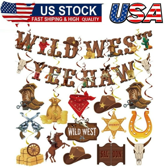 13 Pieces Western Party Decorations West Cowboy Banners Hanging Swirls Wild West Banners Yee Haw Ceiling Streamers for Boys Birthday Western Baby Shower Party Decor