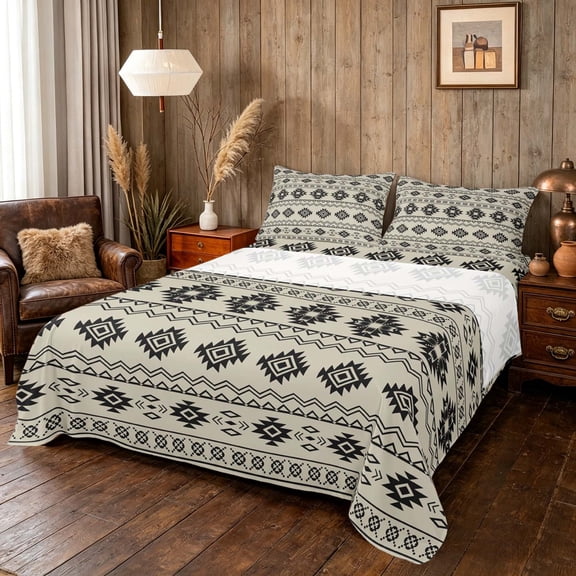 Manfei Boho Aztec Tribal Bed Sheets, Bohemian Geometric Fuul Size Sheets,, Gray Reversible 4-Piece1 Flat Sheet 1 Fitted Sheet 2 Pillowcases