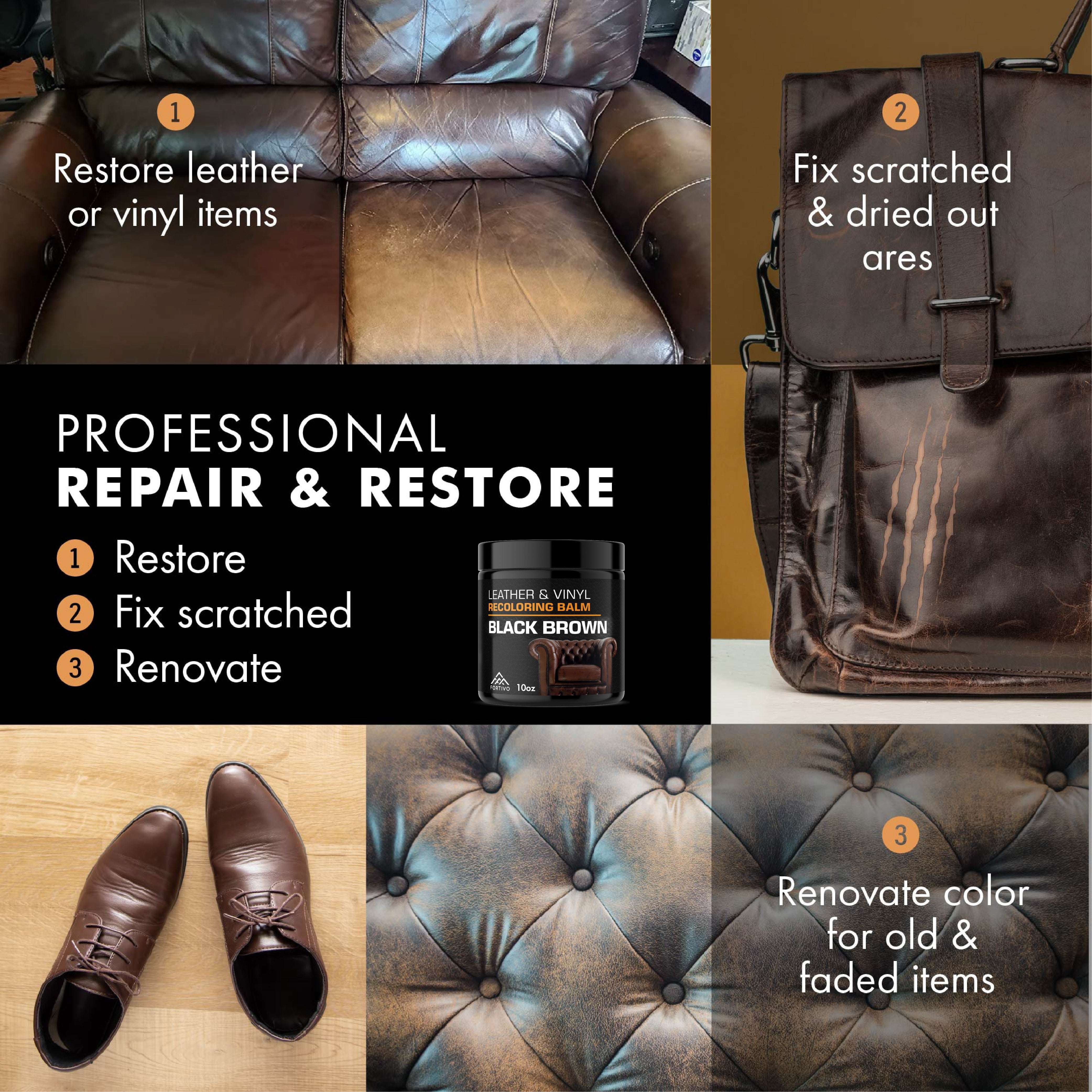 FORTIVO Recoloring Balm Gloss Shoe Polish, Dark Brown, 10 oz